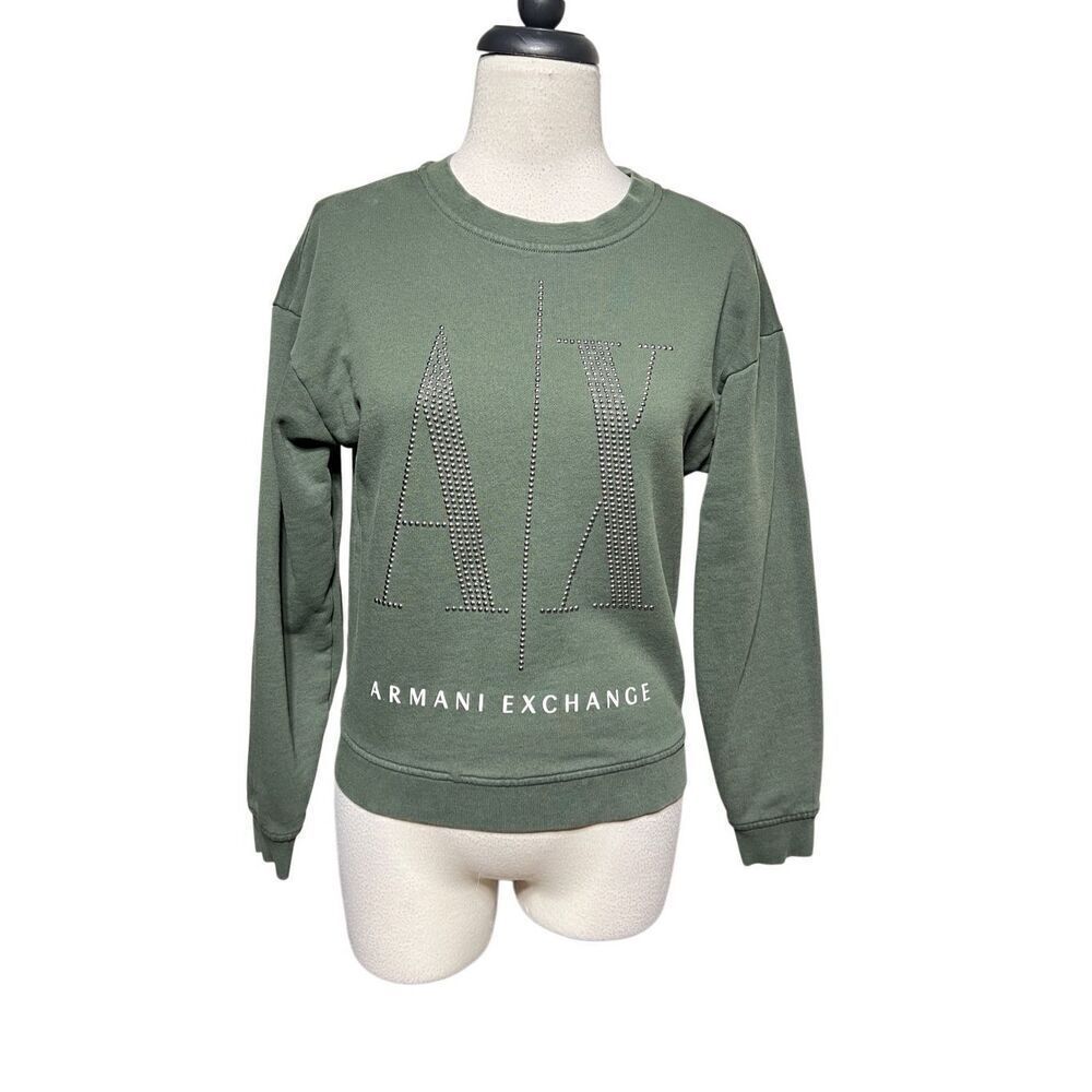 Armani Exchange Icon Period A/X Long Sleeve Green Embellished Pullover Sweatshir